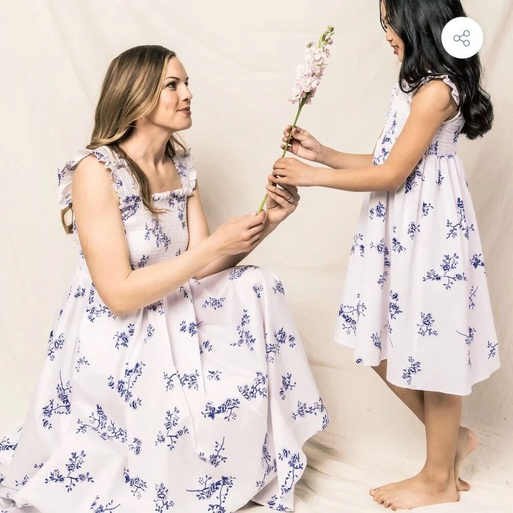 Petite Plume Margaux Indigo Floral Smocking Dress Midi Nap Dress SZ L NWT